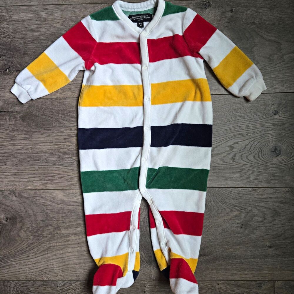 Hudson Bay Company Baby Footed Sleeper 3-6M Multi Stripe Velour Pajamas HBC 80s